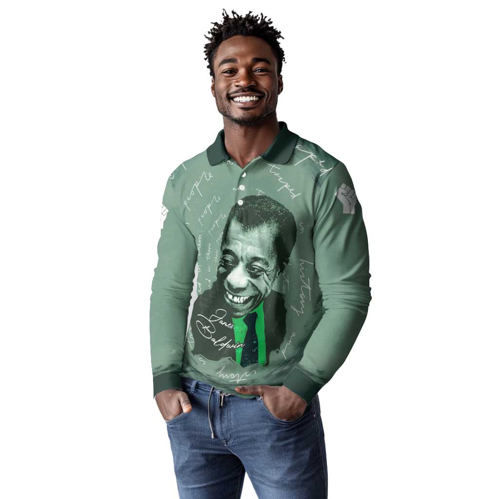 James Baldwin Long Sleeve Polo Shirt Green Handwritten Script Design Smiling Portrait Civil Rights and Literature - African Pride