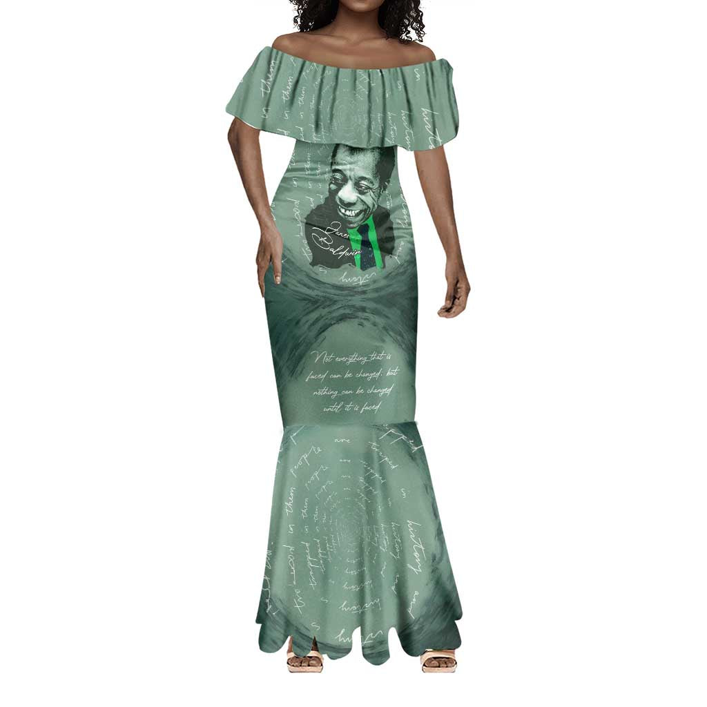 James Baldwin Mermaid Dress Green Handwritten Script Design Smiling Portrait Civil Rights and Literature - African Pride