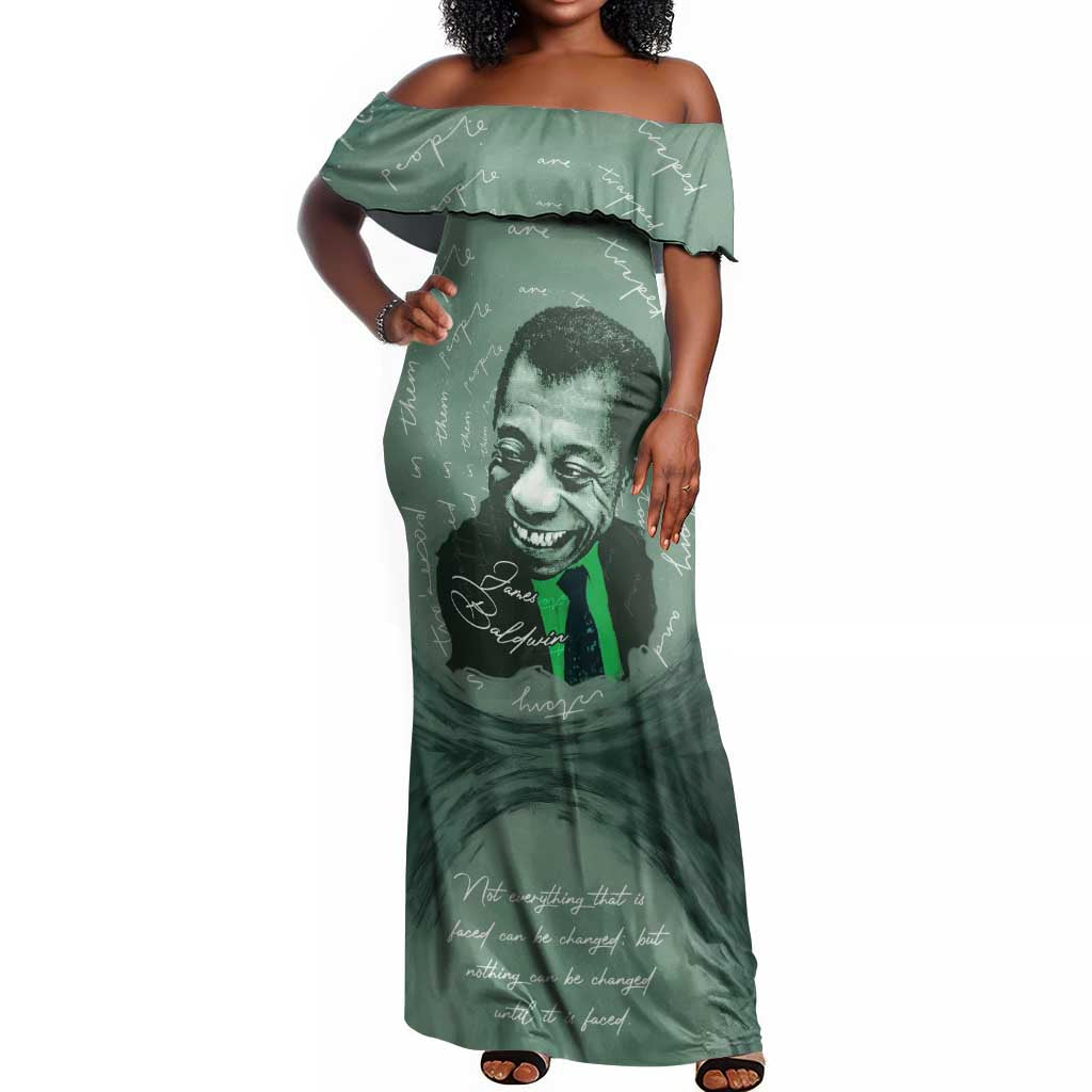James Baldwin Off Shoulder Maxi Dress Green Handwritten Script Design Smiling Portrait Civil Rights and Literature - African Pride