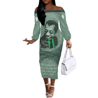 James Baldwin Off The Shoulder Long Sleeve Dress Green Handwritten Script Design Smiling Portrait Civil Rights and Literature - African Pride
