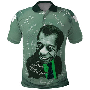 James Baldwin Polo Shirt Green Handwritten Script Design Smiling Portrait Civil Rights and Literature TS04