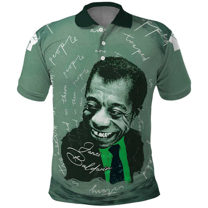 James Baldwin Polo Shirt Green Handwritten Script Design Smiling Portrait Civil Rights and Literature TS04