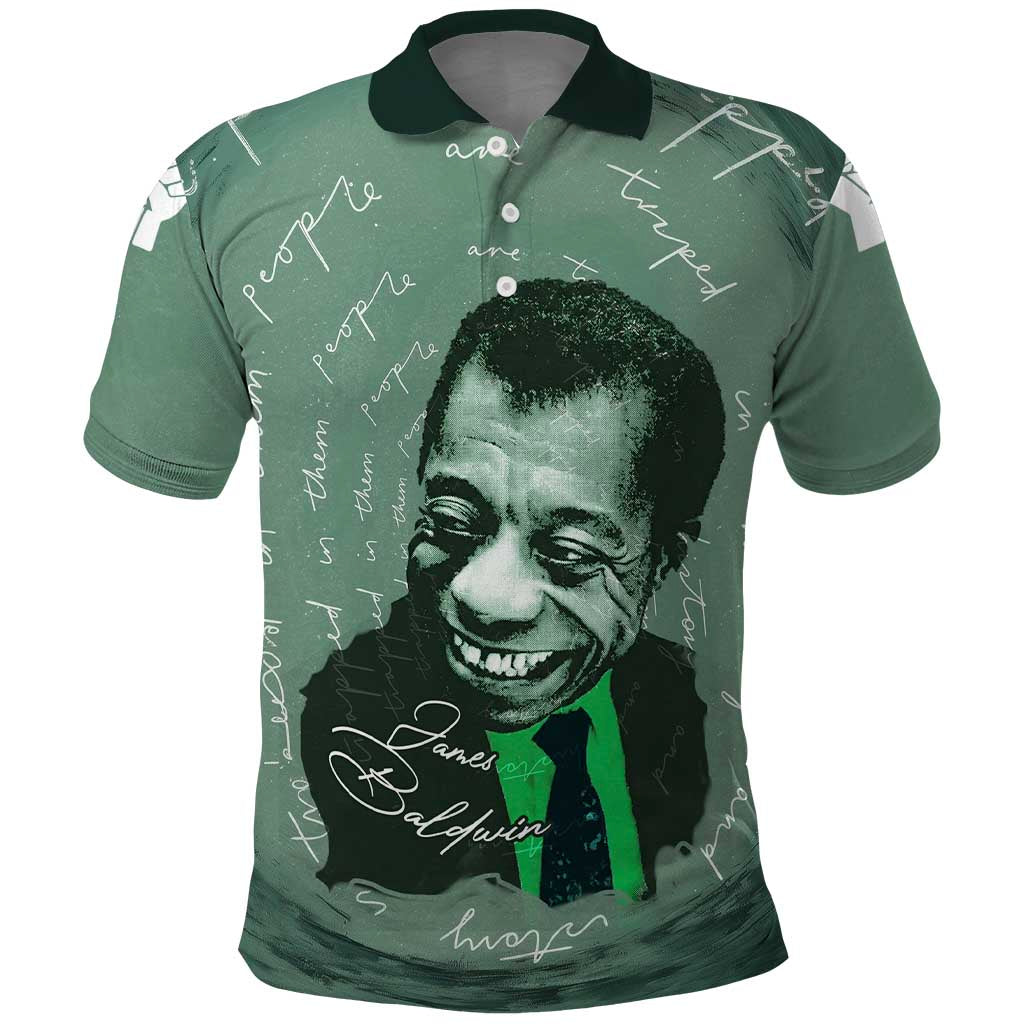 James Baldwin Polo Shirt Green Handwritten Script Design Smiling Portrait Civil Rights and Literature TS04