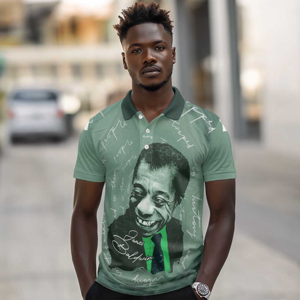 James Baldwin Polo Shirt Green Handwritten Script Design Smiling Portrait Civil Rights and Literature TS04