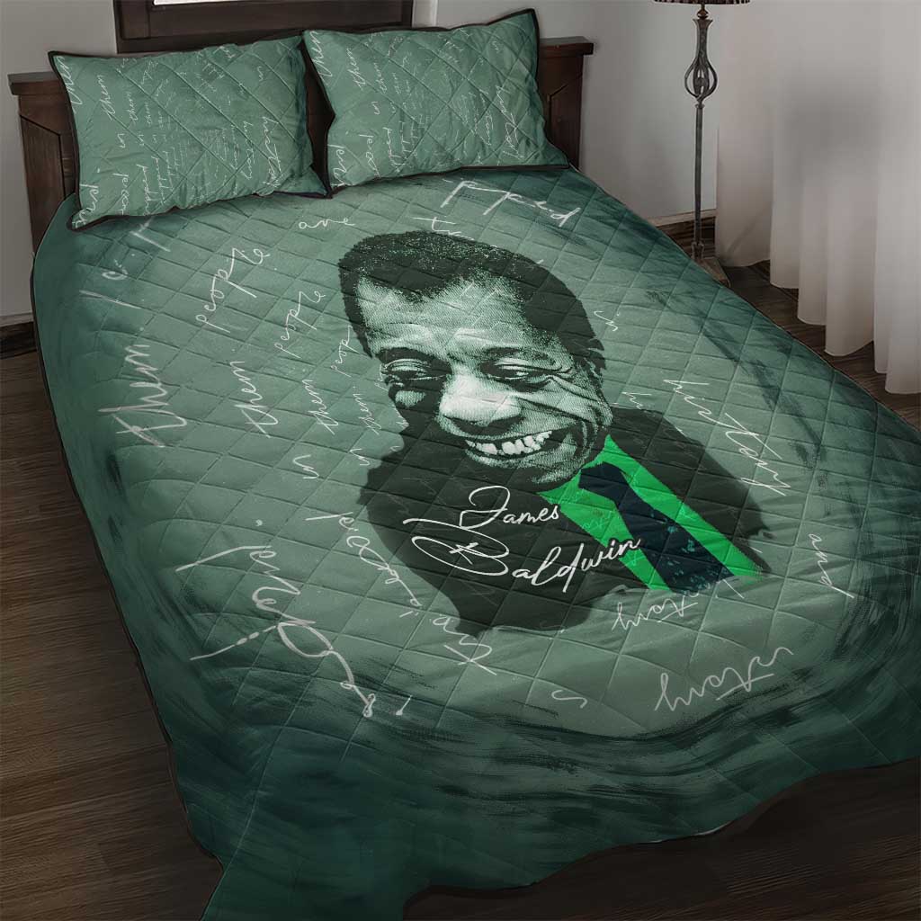 James Baldwin Quilt Bed Set Green Handwritten Script Design Smiling Portrait Civil Rights and Literature - African Pride