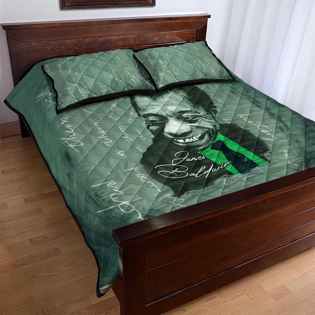 James Baldwin Quilt Bed Set Green Handwritten Script Design Smiling Portrait Civil Rights and Literature - African Pride