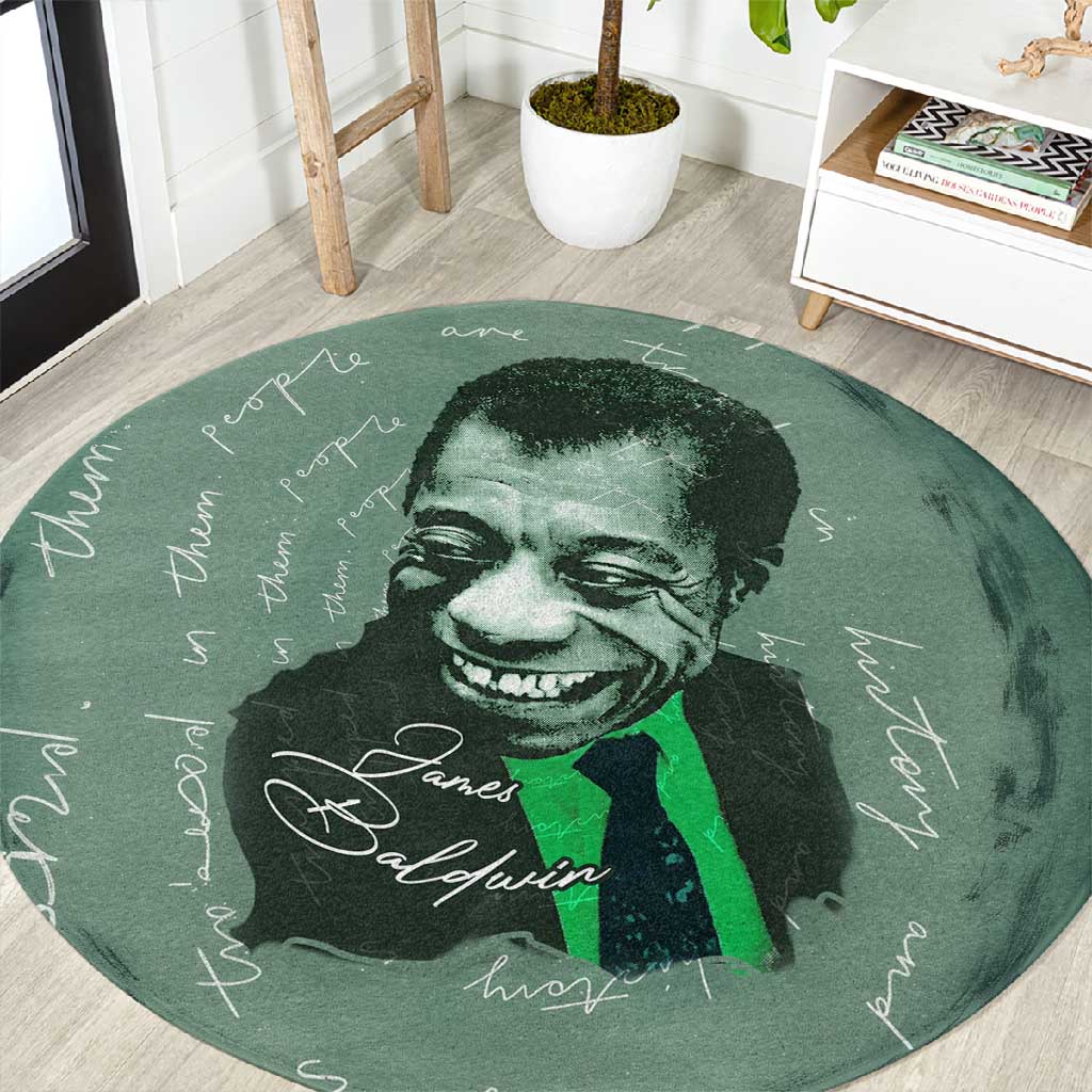 James Baldwin Round Carpet Green Handwritten Script Design Smiling Portrait Civil Rights and Literature - African Pride