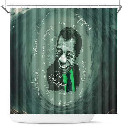 James Baldwin Shower Curtain Green Handwritten Script Design Smiling Portrait Civil Rights and Literature - African Pride