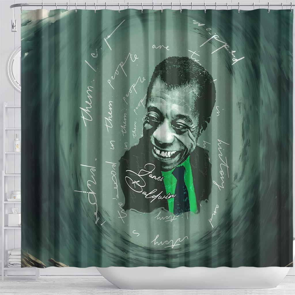 James Baldwin Shower Curtain Green Handwritten Script Design Smiling Portrait Civil Rights and Literature - African Pride