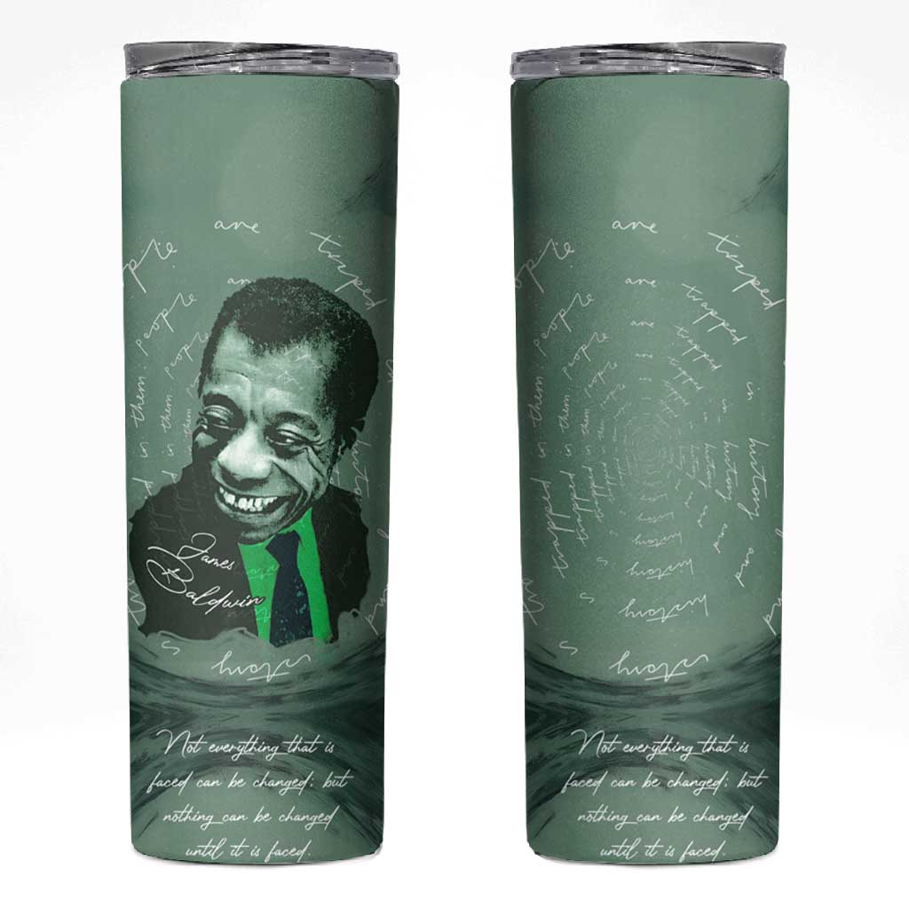 James Baldwin Skinny Tumbler Green Handwritten Script Design Smiling Portrait Civil Rights and Literature - African Pride