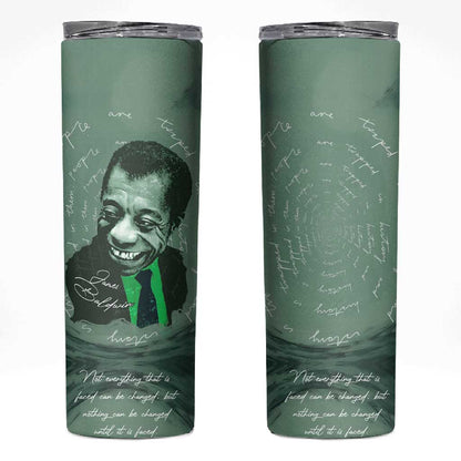 James Baldwin Skinny Tumbler Green Handwritten Script Design Smiling Portrait Civil Rights and Literature - African Pride