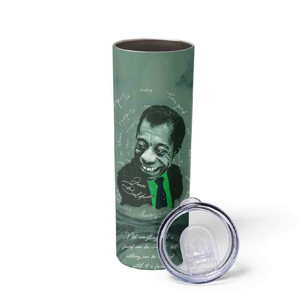 James Baldwin Skinny Tumbler Green Handwritten Script Design Smiling Portrait Civil Rights and Literature - African Pride