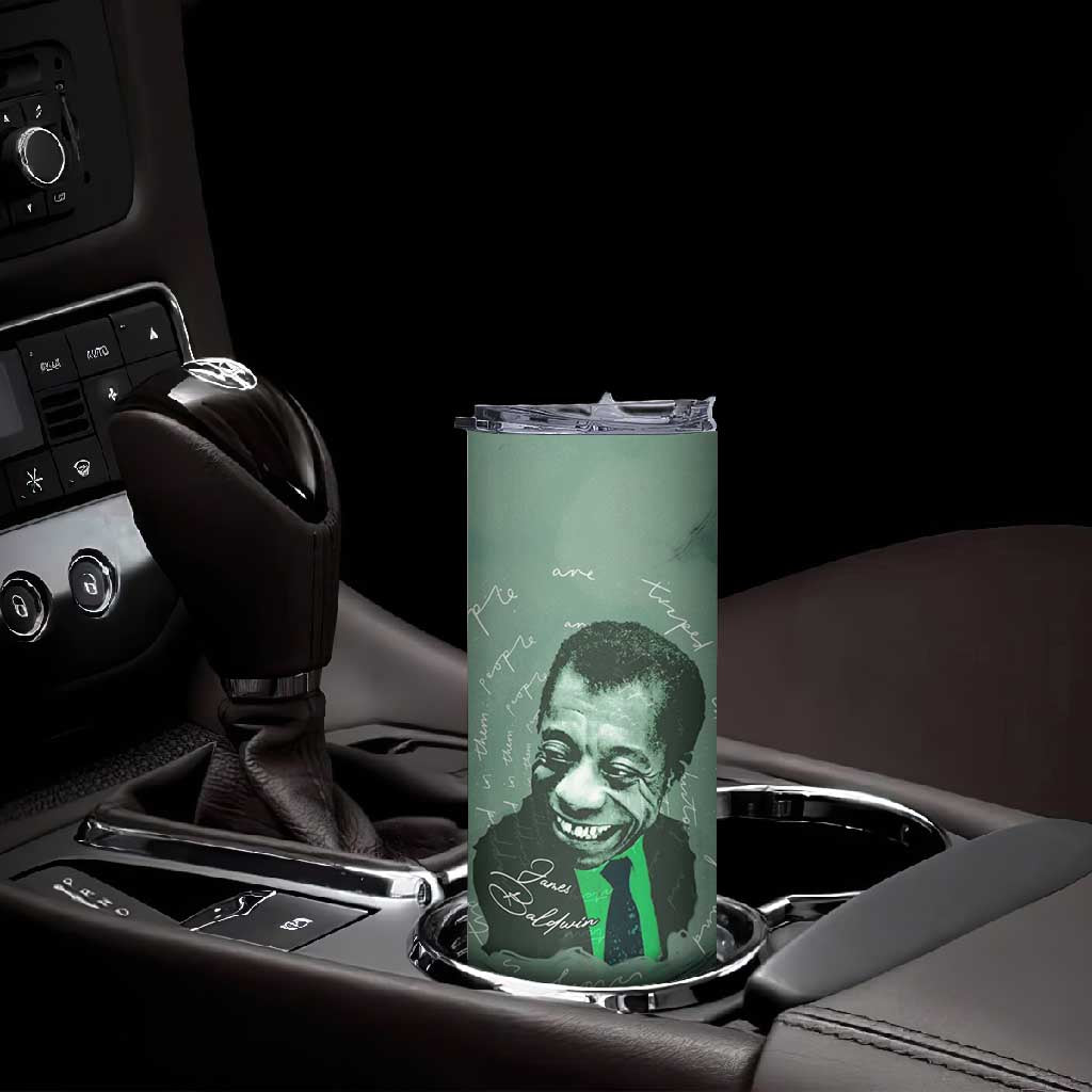 James Baldwin Skinny Tumbler Green Handwritten Script Design Smiling Portrait Civil Rights and Literature - African Pride