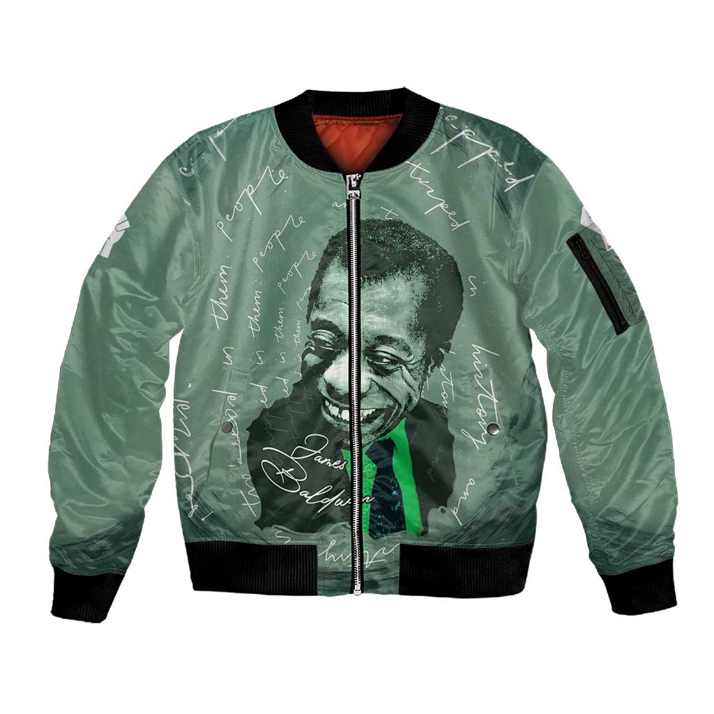 James Baldwin Sleeve Zip Bomber Jacket Green Handwritten Script Design Smiling Portrait Civil Rights and Literature - African Pride