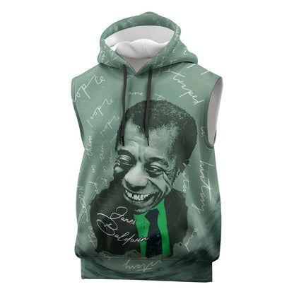 James Baldwin Sleeveless Hoodie Green Handwritten Script Design Smiling Portrait Civil Rights and Literature - African Pride