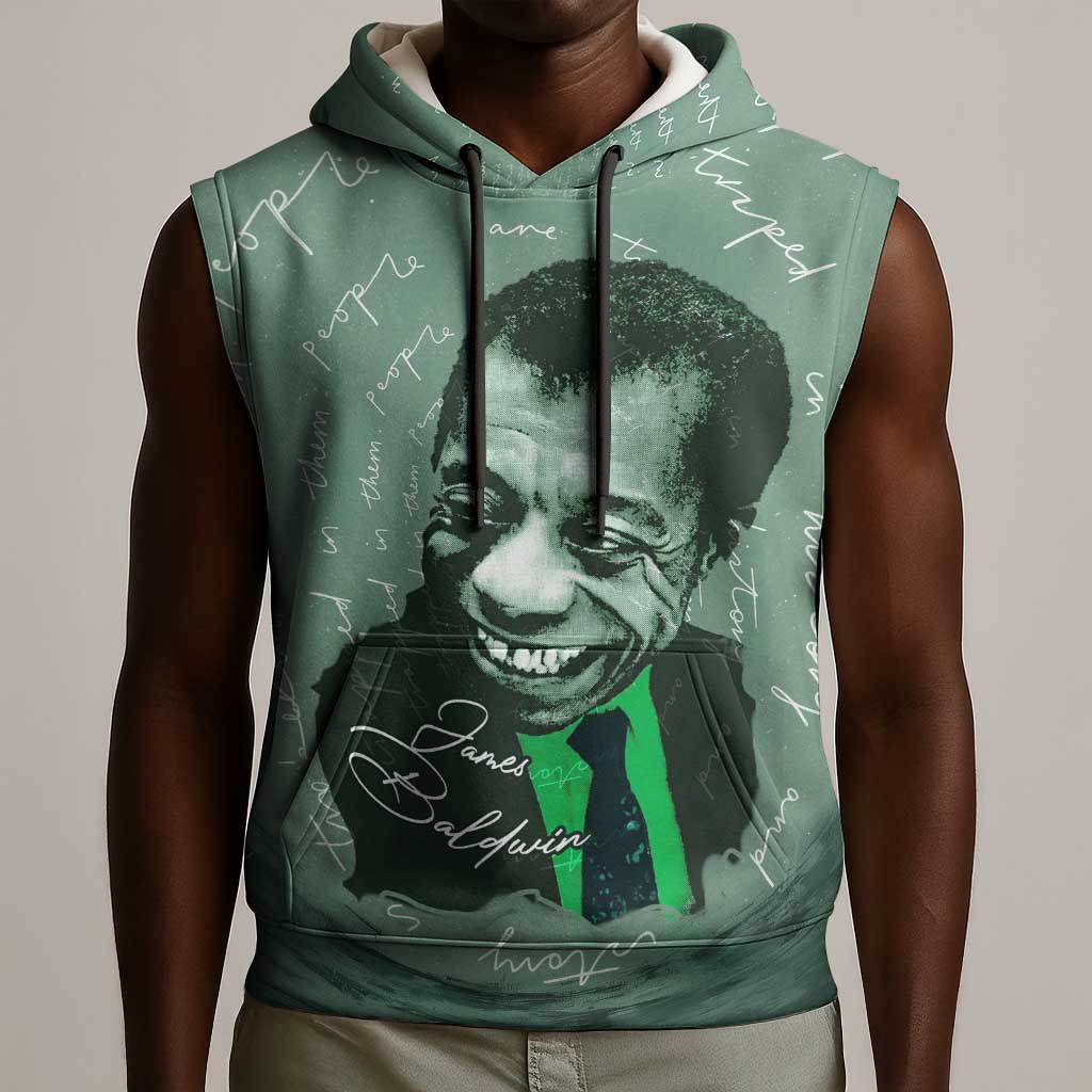 James Baldwin Sleeveless Hoodie Green Handwritten Script Design Smiling Portrait Civil Rights and Literature - African Pride