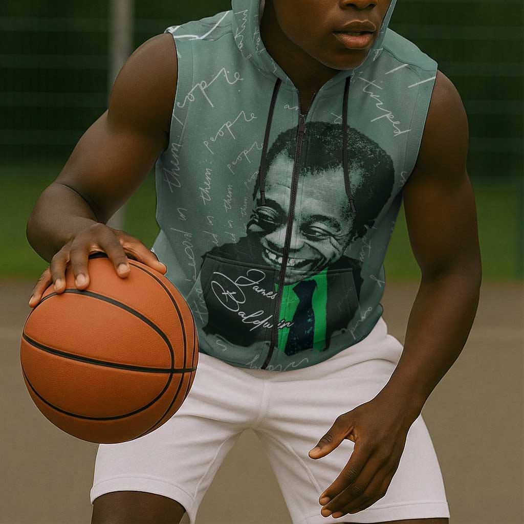 James Baldwin Sleeveless Zip Hoodie Green Handwritten Script Design Smiling Portrait Civil Rights and Literature - African Pride