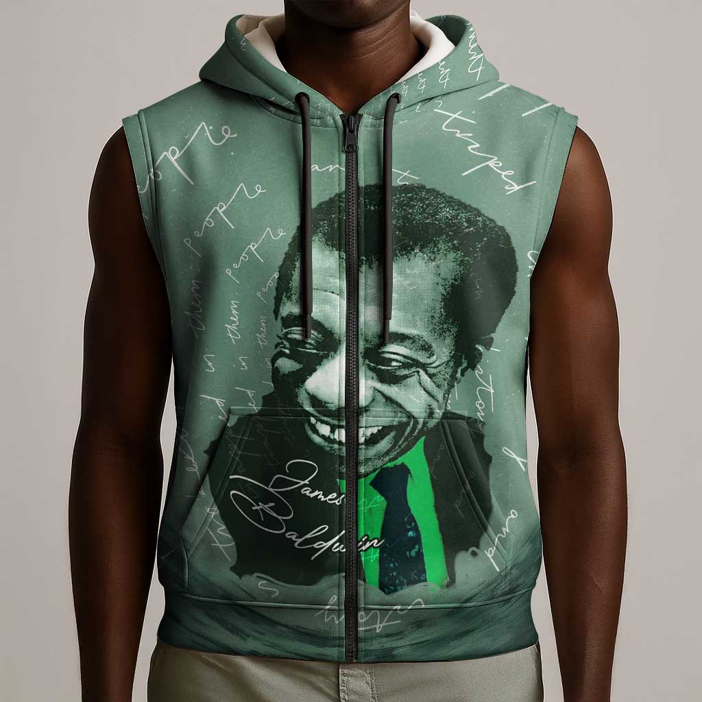 James Baldwin Sleeveless Zip Hoodie Green Handwritten Script Design Smiling Portrait Civil Rights and Literature - African Pride