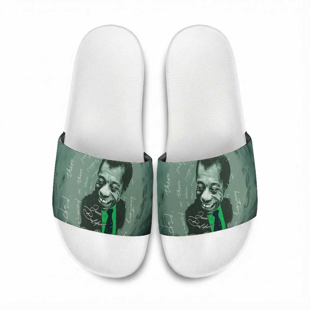 James Baldwin Slide Sandals Green Handwritten Script Design Smiling Portrait Civil Rights and Literature - African Pride