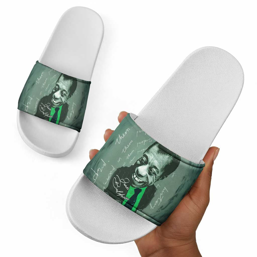James Baldwin Slide Sandals Green Handwritten Script Design Smiling Portrait Civil Rights and Literature - African Pride