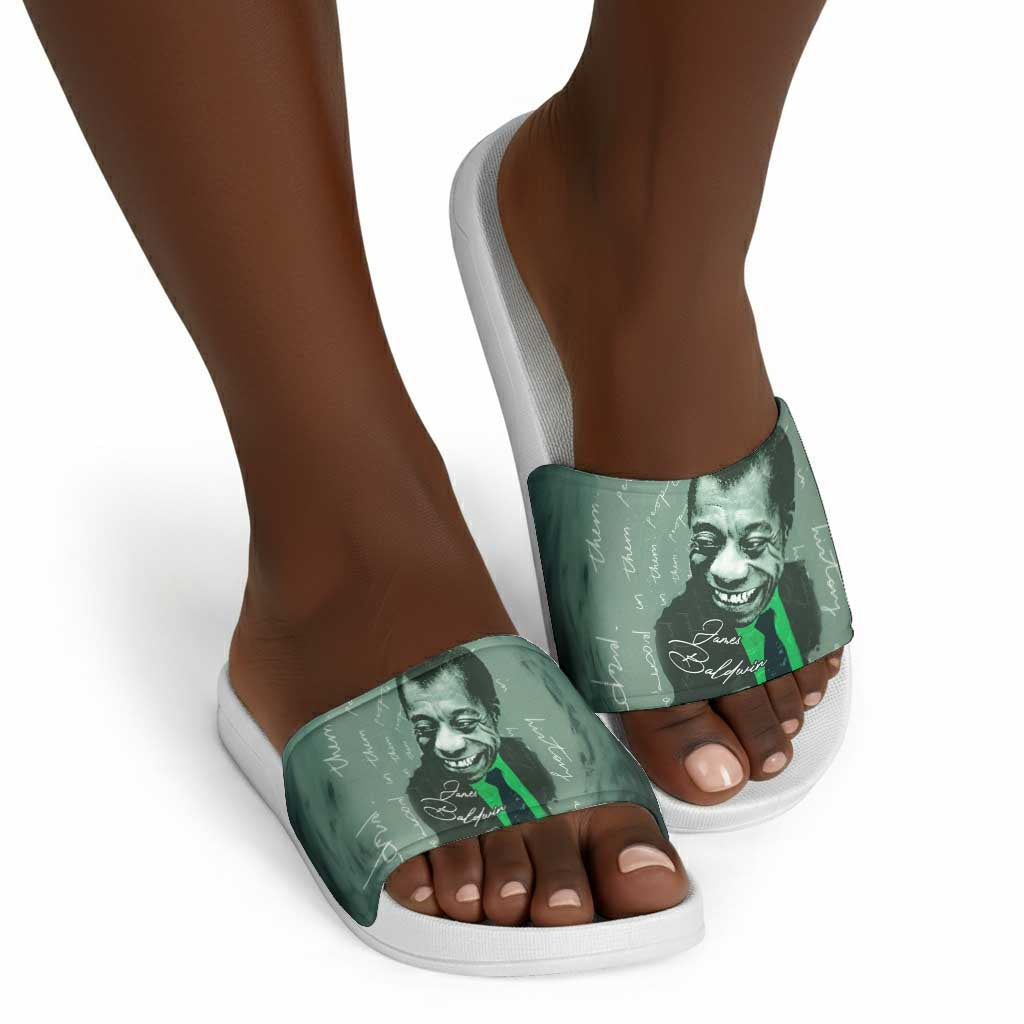 James Baldwin Slide Sandals Green Handwritten Script Design Smiling Portrait Civil Rights and Literature - African Pride