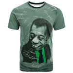 James Baldwin T shirt Green Handwritten Script Design Smiling Portrait Civil Rights and Literature TS04