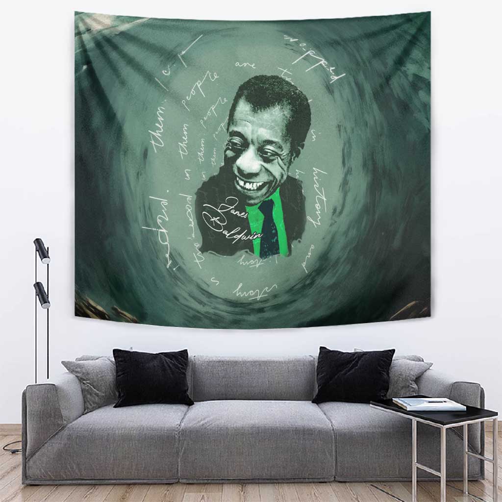 James Baldwin Tapestry Green Handwritten Script Design Smiling Portrait Civil Rights and Literature - African Pride