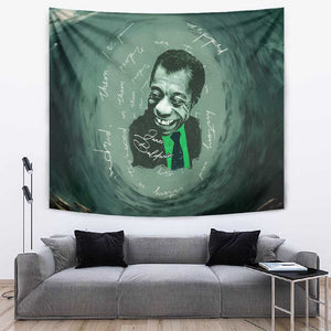 James Baldwin Tapestry Green Handwritten Script Design Smiling Portrait Civil Rights and Literature - African Pride