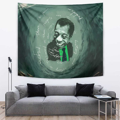 James Baldwin Tapestry Green Handwritten Script Design Smiling Portrait Civil Rights and Literature - African Pride