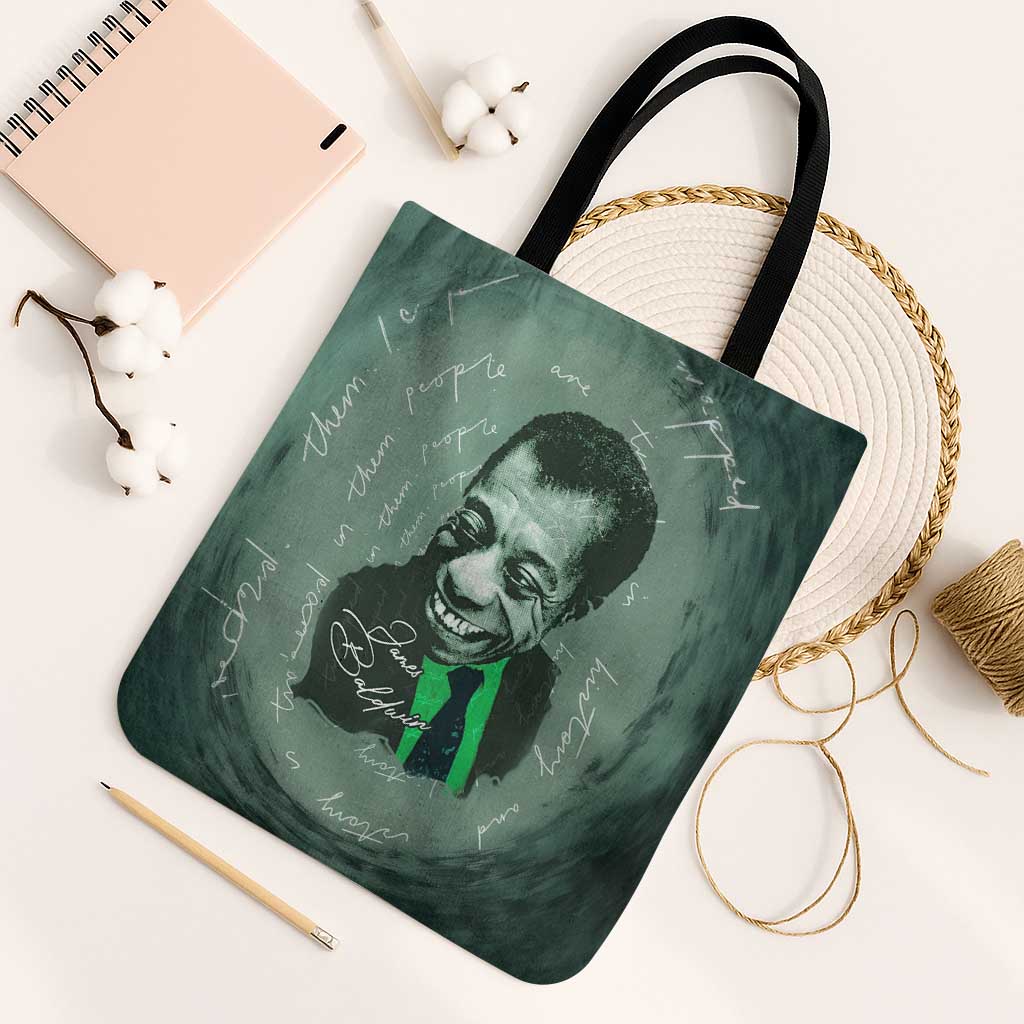 James Baldwin Tote Bag Green Handwritten Script Design Smiling Portrait Civil Rights and Literature - African Pride