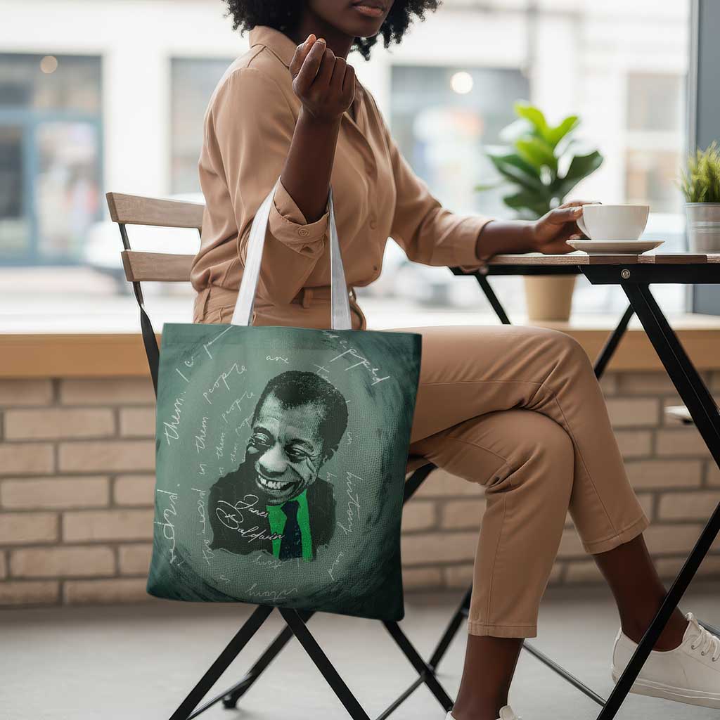 James Baldwin Tote Bag Green Handwritten Script Design Smiling Portrait Civil Rights and Literature - African Pride
