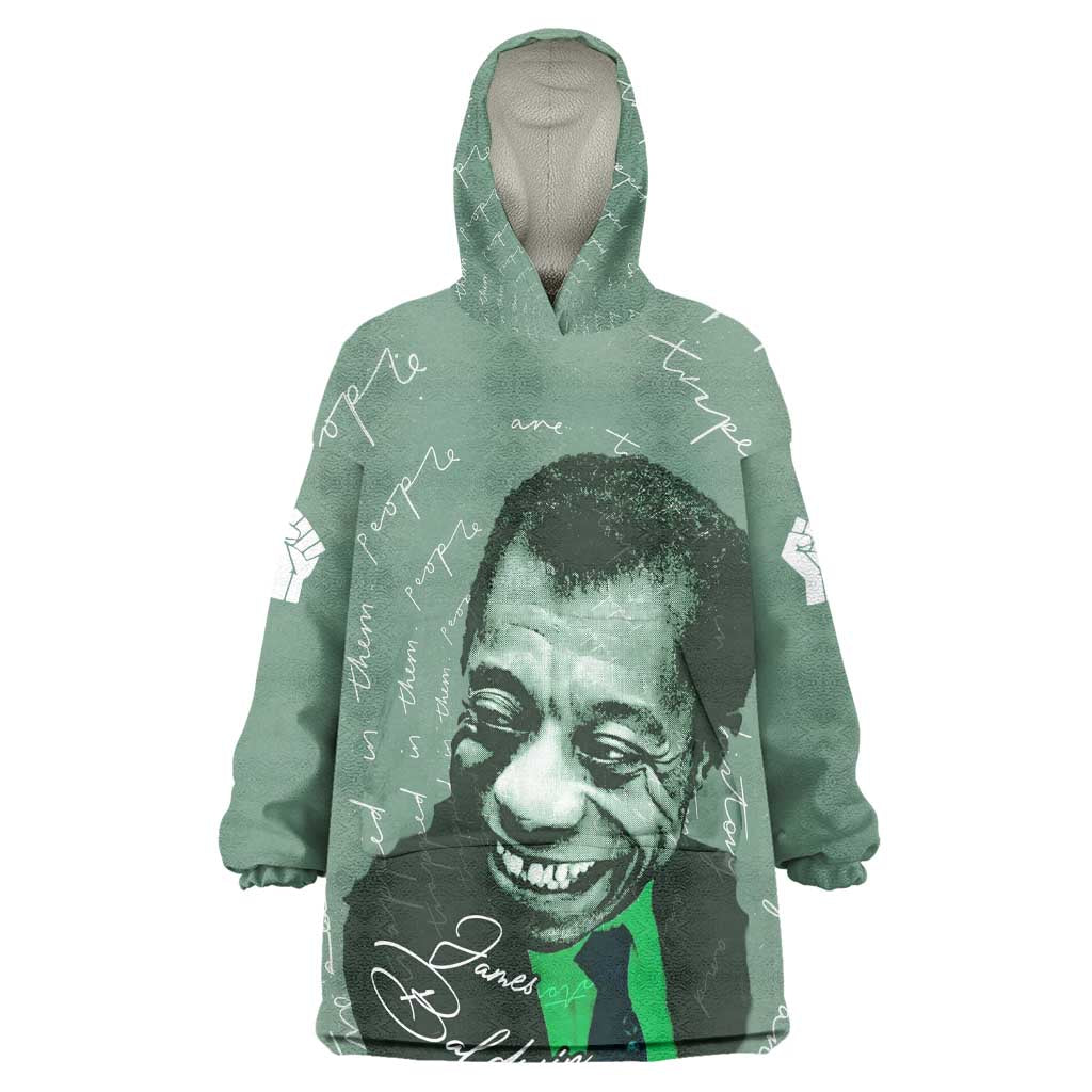 James Baldwin Wearable Blanket Hoodie Green Handwritten Script Design Smiling Portrait Civil Rights and Literature - African Pride