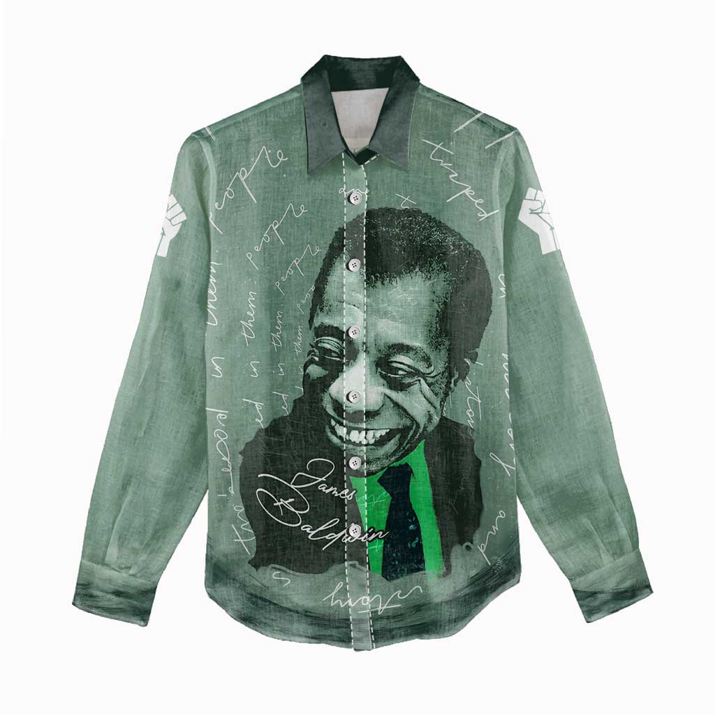 James Baldwin Women Casual Shirt Green Handwritten Script Design Smiling Portrait Civil Rights and Literature - African Pride