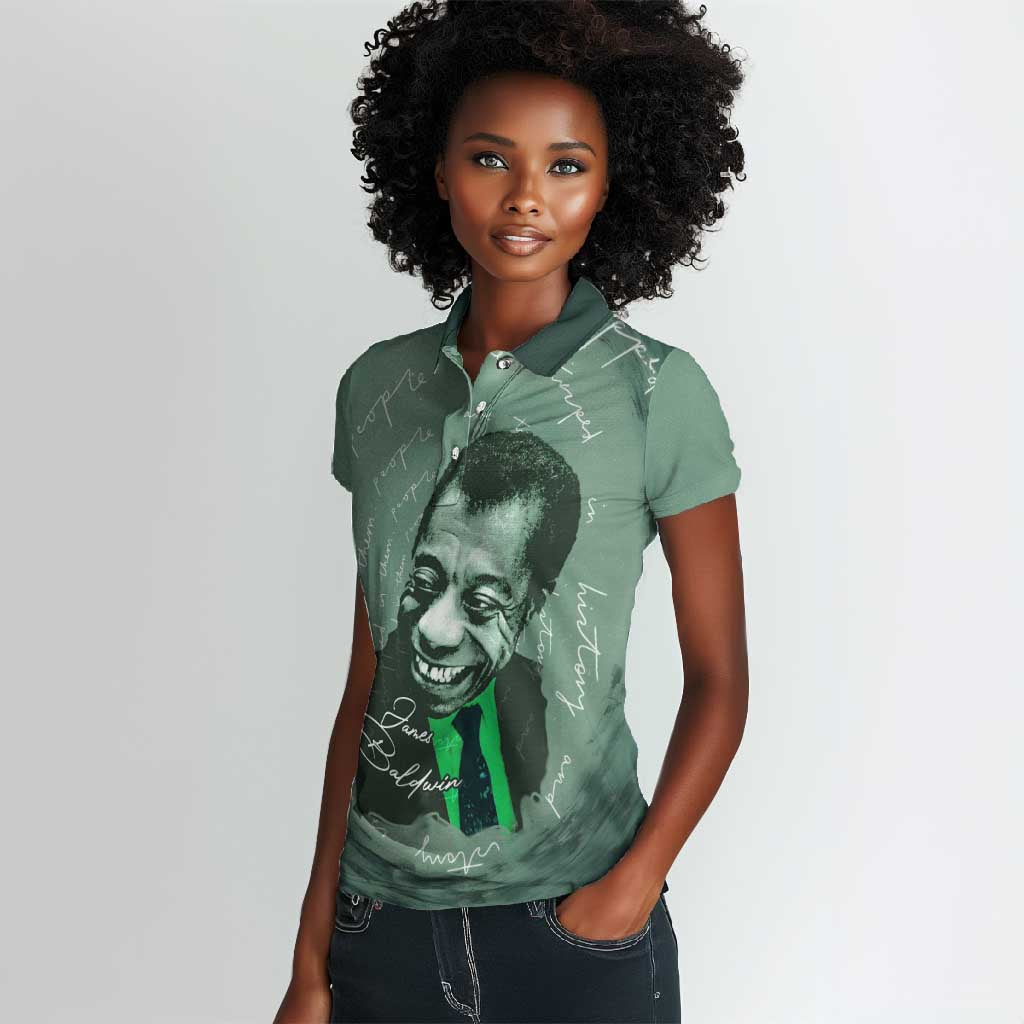 James Baldwin Women Polo Shirt Green Handwritten Script Design Smiling Portrait Civil Rights and Literature TS04