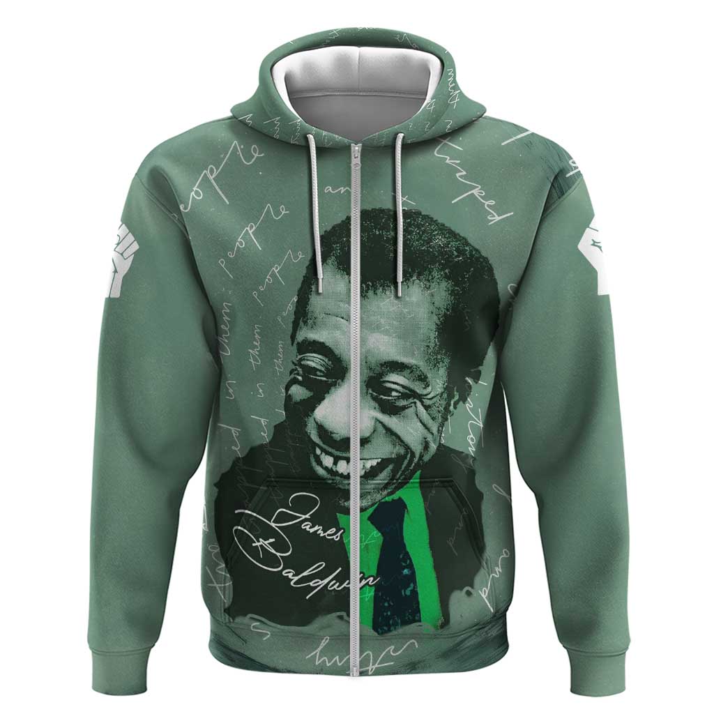 James Baldwin Zip Hoodie Green Handwritten Script Design Smiling Portrait Civil Rights and Literature - African Pride
