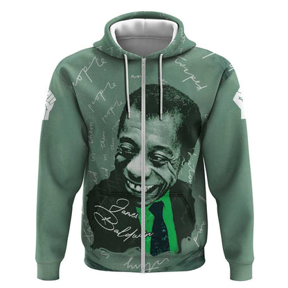 James Baldwin Zip Hoodie Green Handwritten Script Design Smiling Portrait Civil Rights and Literature - African Pride