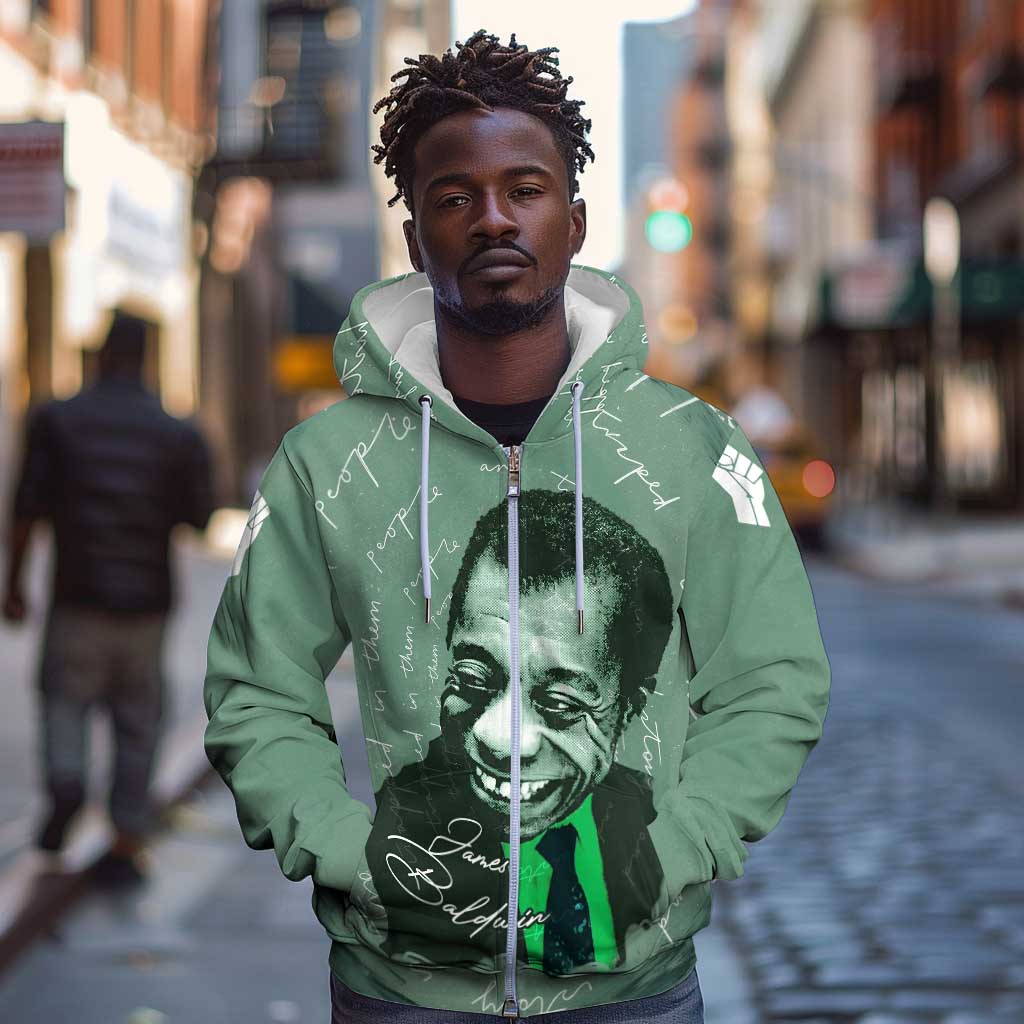James Baldwin Zip Hoodie Green Handwritten Script Design Smiling Portrait Civil Rights and Literature - African Pride