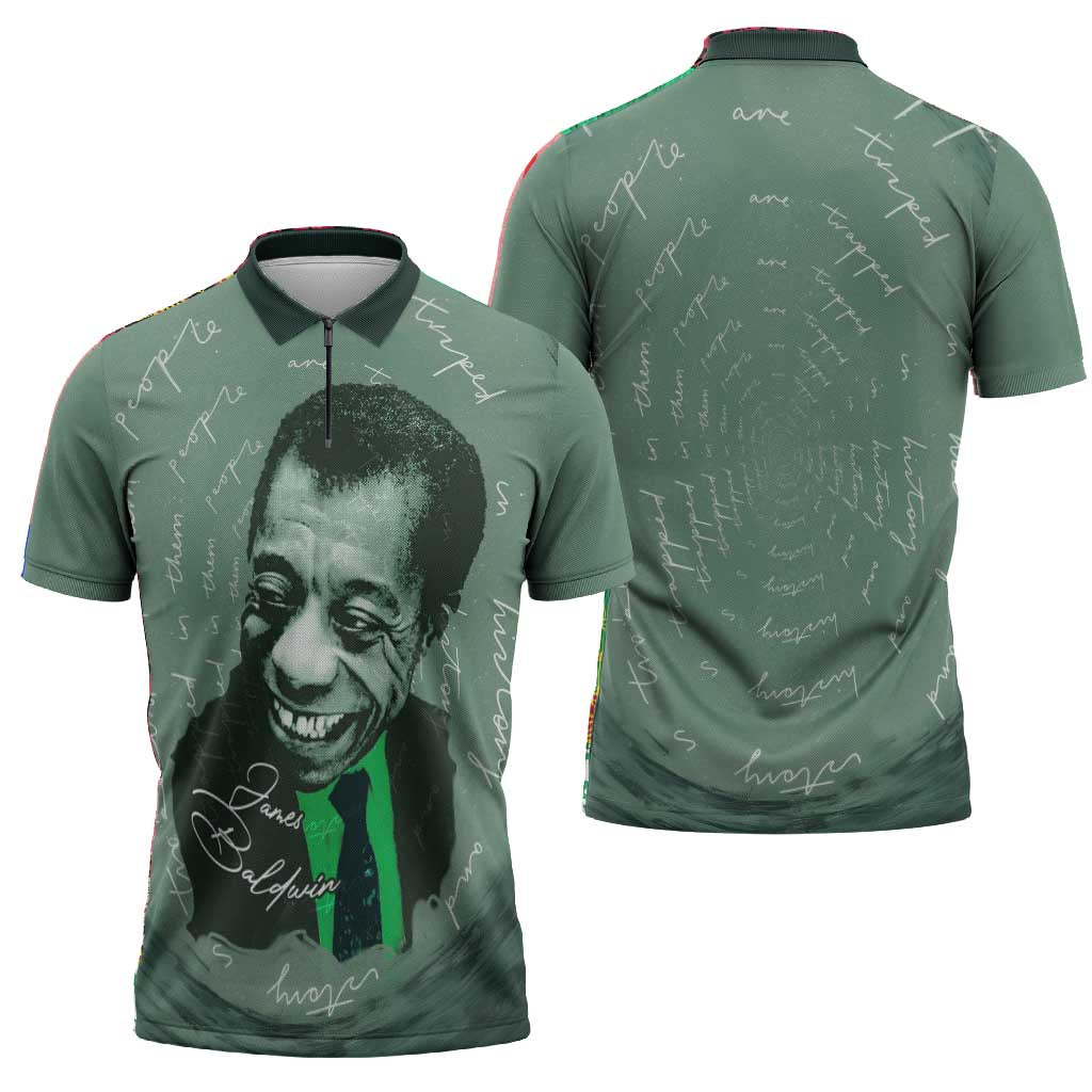 James Baldwin Zipper Polo Shirt Green Handwritten Script Design Smiling Portrait Civil Rights and Literature - African Pride