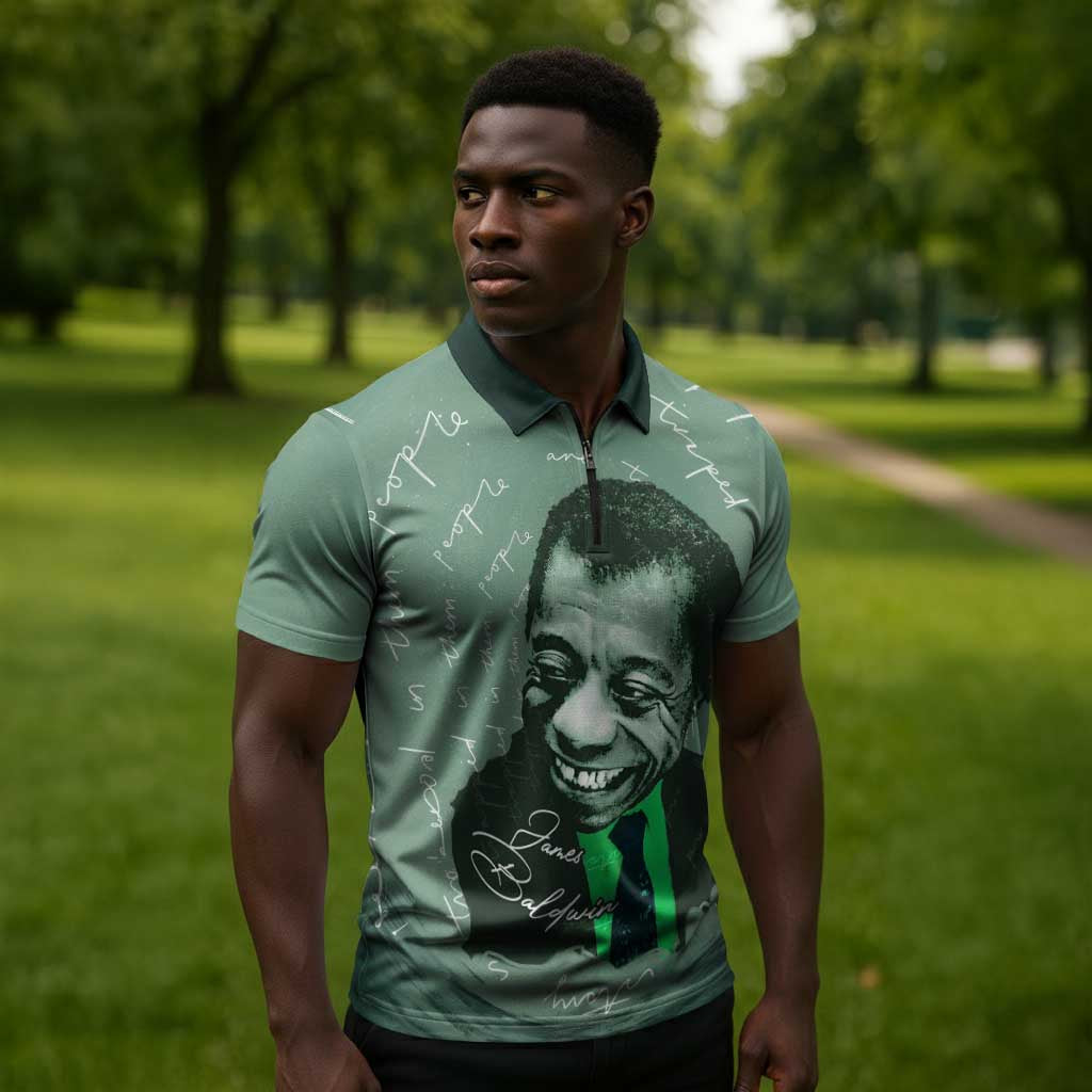 James Baldwin Zipper Polo Shirt Green Handwritten Script Design Smiling Portrait Civil Rights and Literature - African Pride
