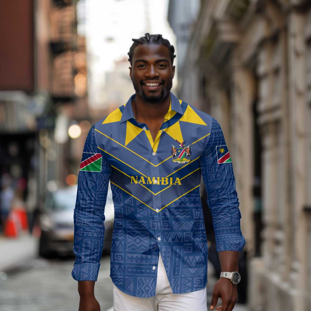 Namibia Yellow Sun Long Sleeve Button Shirt Sporty Style with Traditional Patterns