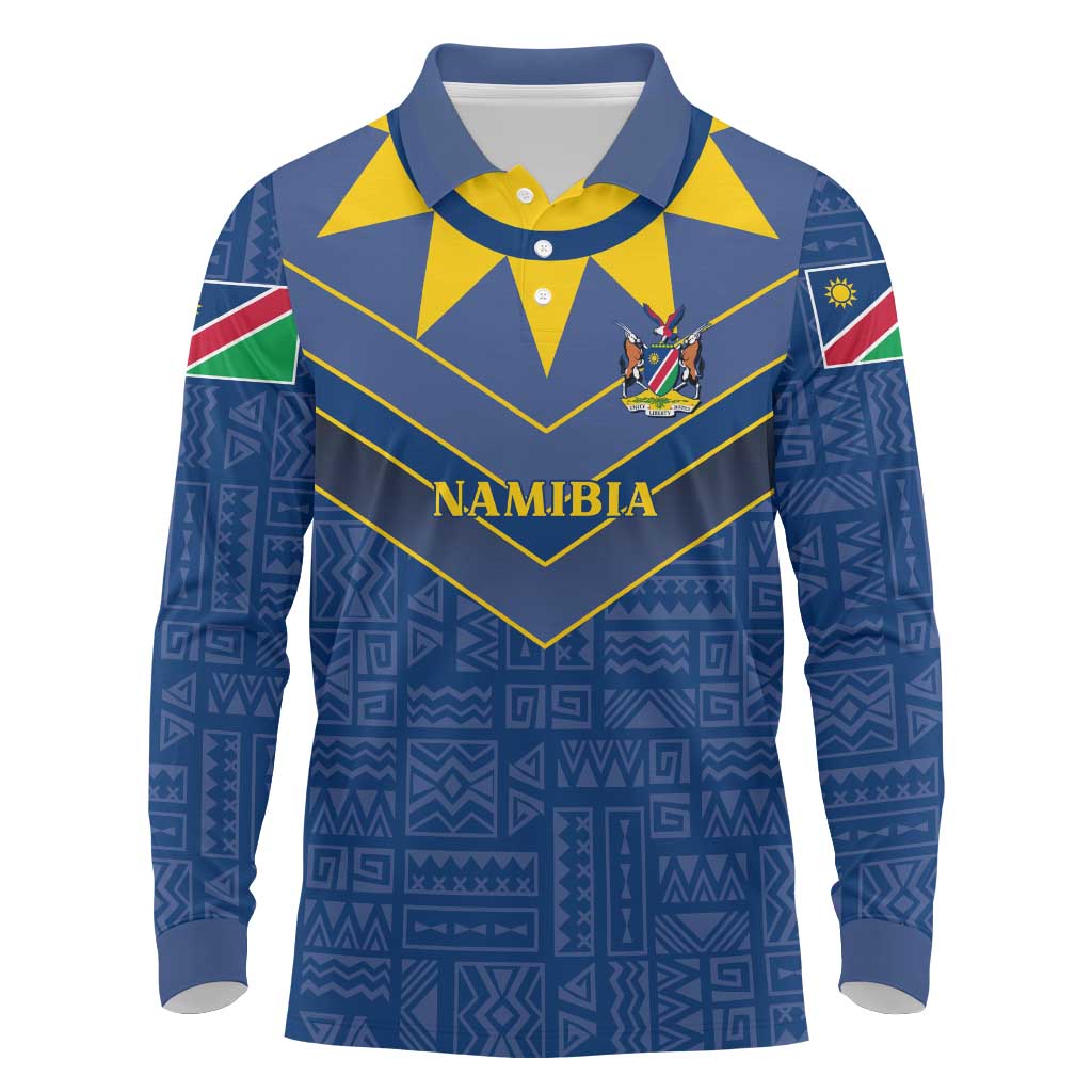 Namibia Yellow Sun Long Sleeve Polo Shirt Sporty Style with Traditional Patterns