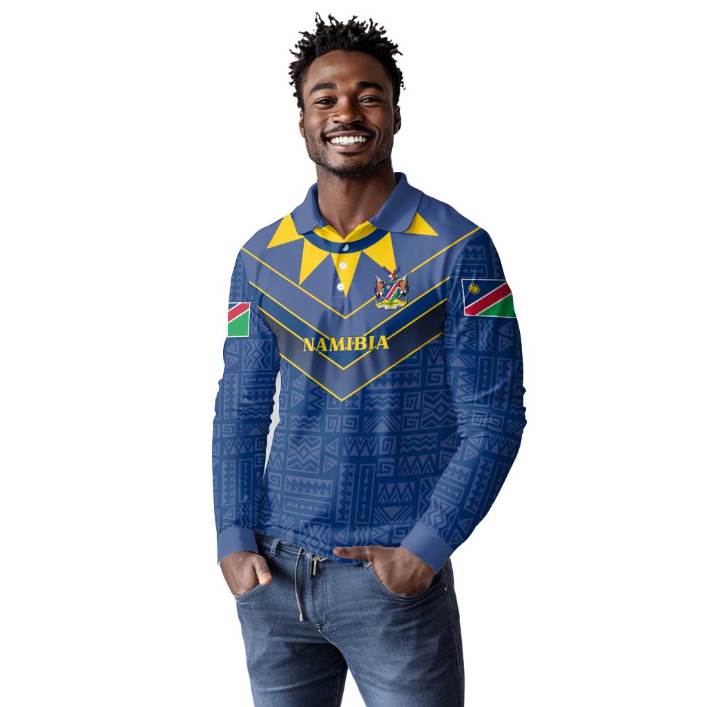 Namibia Yellow Sun Long Sleeve Polo Shirt Sporty Style with Traditional Patterns