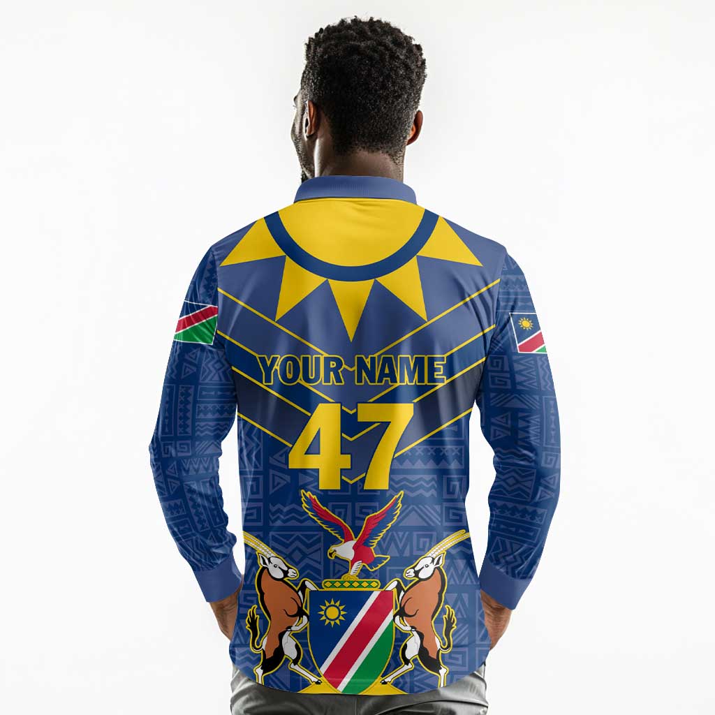 Namibia Yellow Sun Long Sleeve Polo Shirt Sporty Style with Traditional Patterns