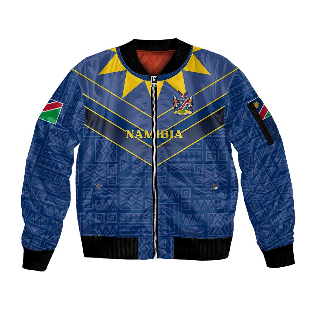 Namibia Yellow Sun Sleeve Zip Bomber Jacket Sporty Style with Traditional Patterns