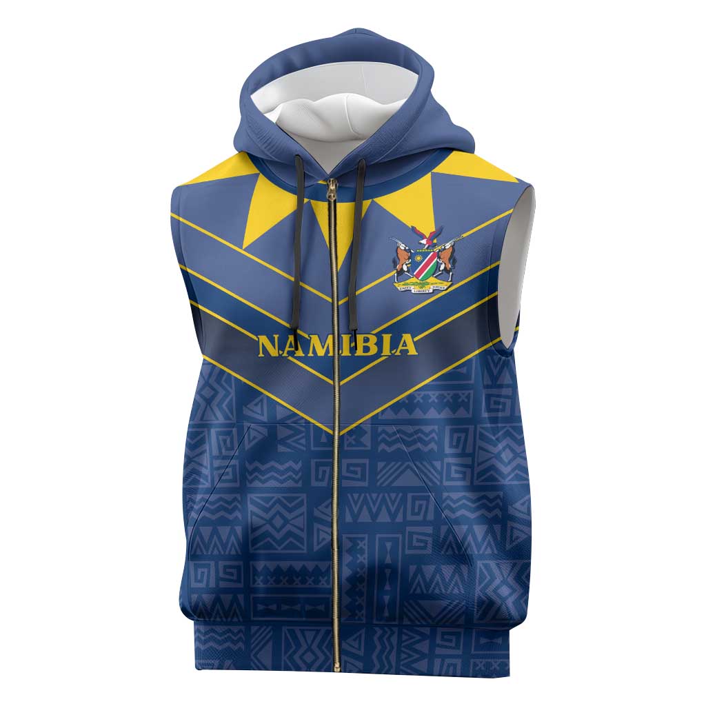 Namibia Yellow Sun Sleeveless Zip Hoodie Sporty Style with Traditional Patterns - African Pride