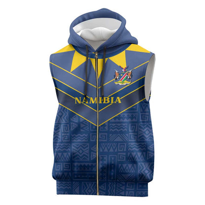 Namibia Yellow Sun Sleeveless Zip Hoodie Sporty Style with Traditional Patterns - African Pride