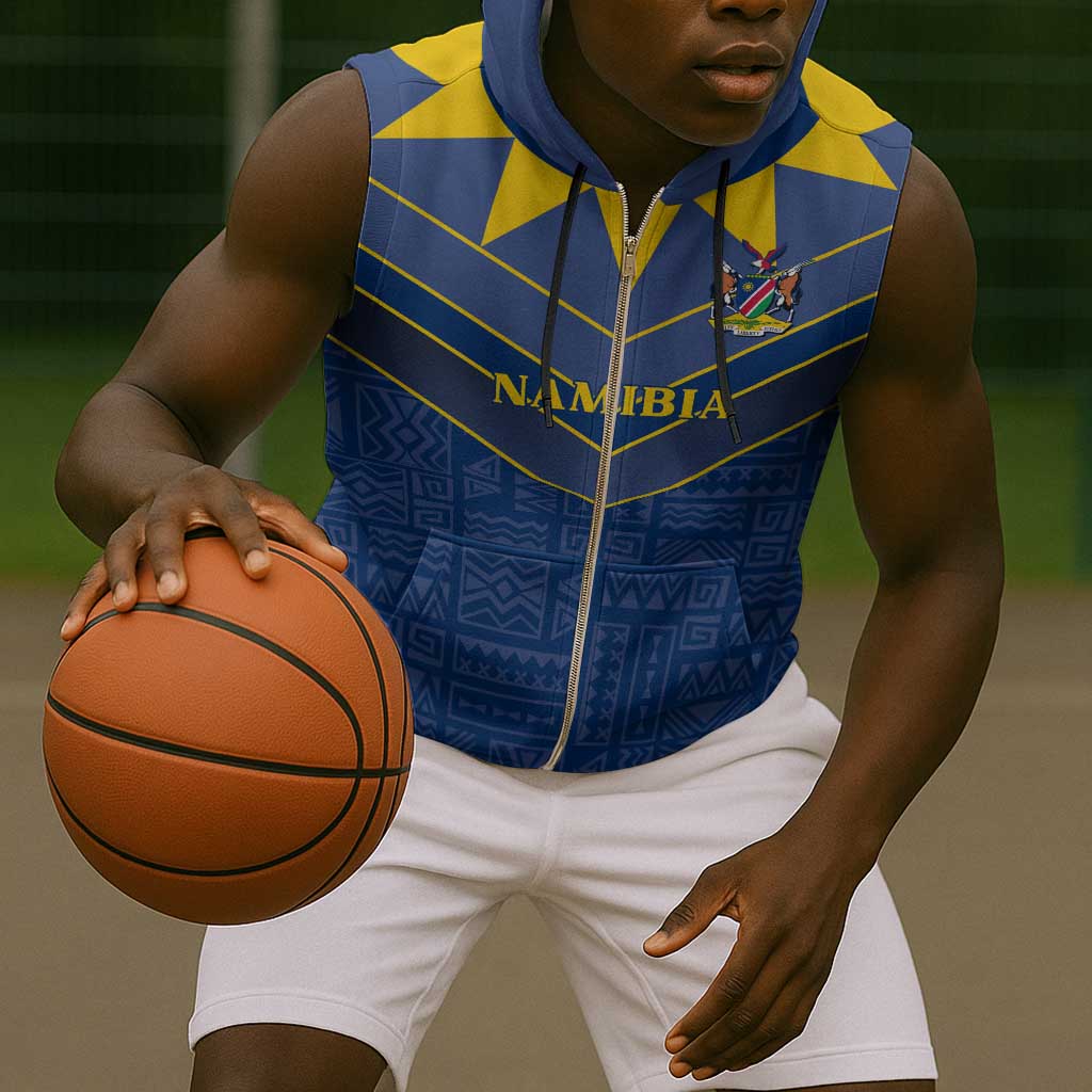 Namibia Yellow Sun Sleeveless Zip Hoodie Sporty Style with Traditional Patterns - African Pride