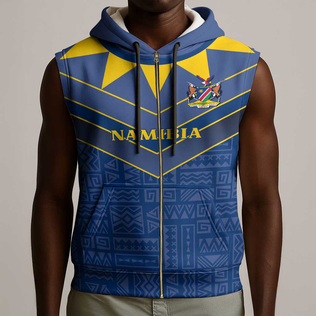 Namibia Yellow Sun Sleeveless Zip Hoodie Sporty Style with Traditional Patterns - African Pride