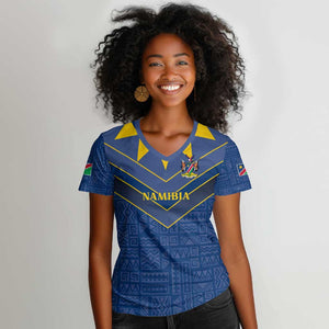 Namibia Yellow Sun Women V-Neck T-Shirt Sporty Style with Traditional Patterns