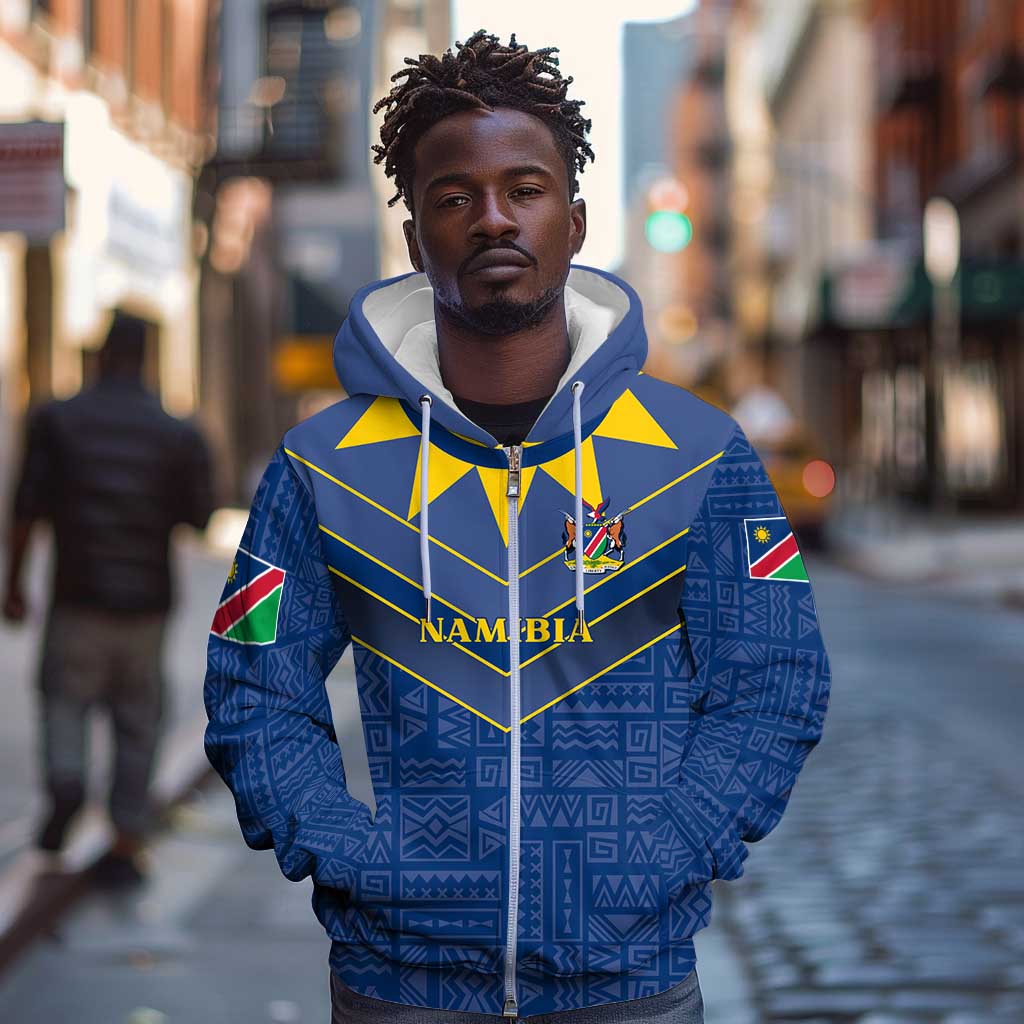 Namibia Yellow Sun Zip Hoodie Sporty Style with Traditional Patterns